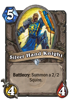 Silver Hand Knight, a 5 mana 4/4 Hearthstone minion with Battlecry: Summon a 2/2 Squire.